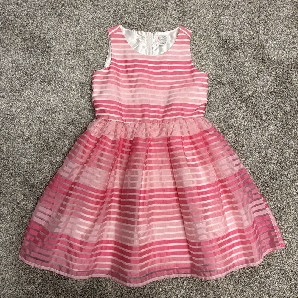 Est. 1989 Place Semi-Formal Dress Girl’s Size 8 Pink Stripe Overlay Fully Lined
